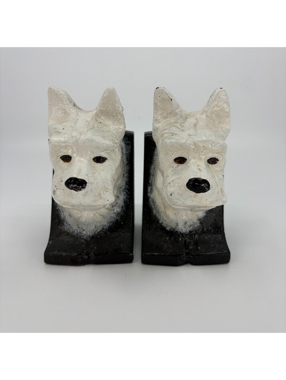 Vintage Cast Iron Scottie Dog Bookends Pair White Terrier White